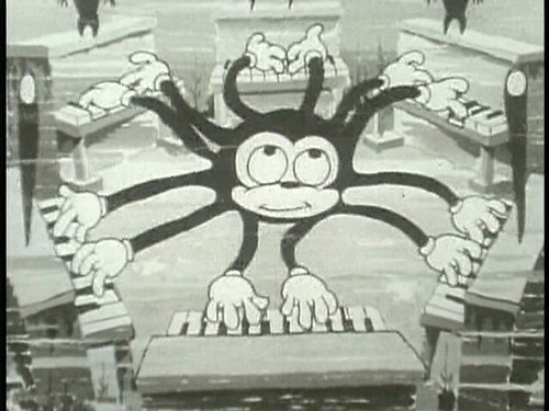 Old cartoon character having 12 hands playing 6 pianos