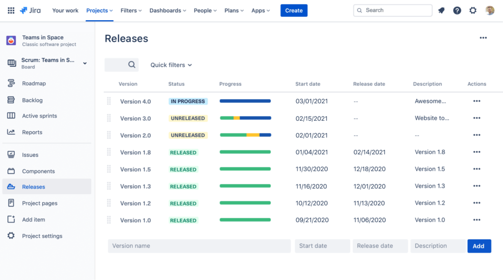 JIRA releases page example