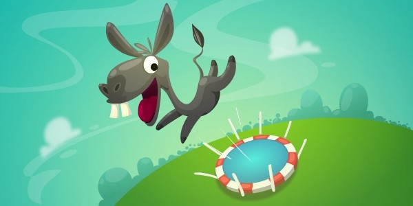 Happy donkey jumping on trampoline