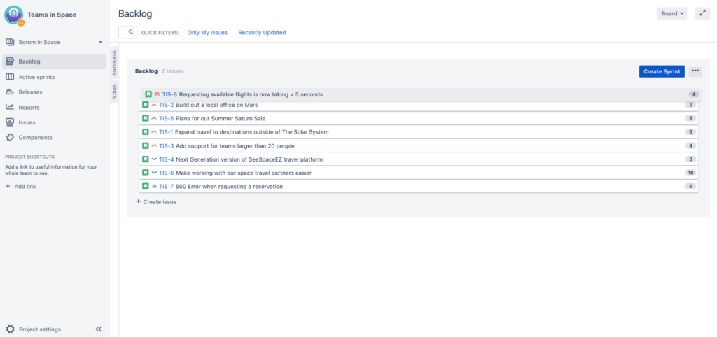 JIRA backlog example